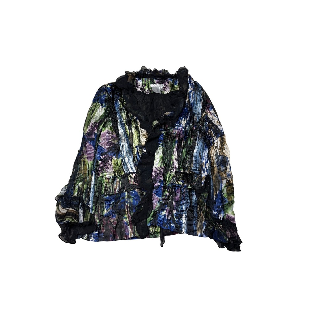 Alberto Makali Abstract Floral Plisse Ruffle Blouse Blue Purple Green Womens‎ L